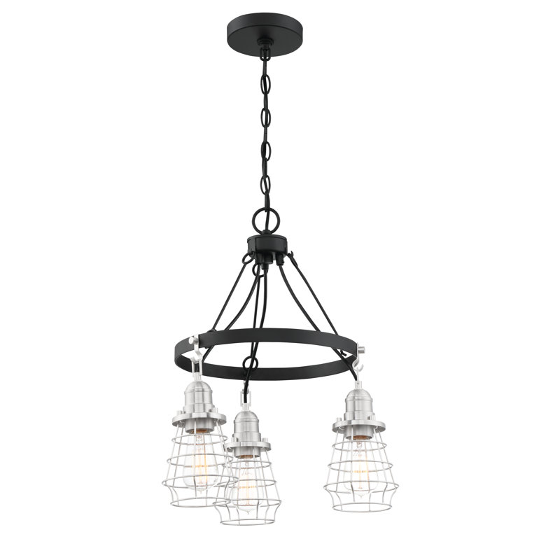 Lustre de roue de wagon à 3 lumières statement Charlie, Noir plat / nickel poli brossé, Nickel poli brossé