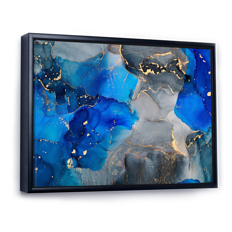 «Blue Luxury Abstract Fluid Art XV», reproduction sur toile, Cadre flottant noir, H 34 po x l 44 po x P 1,5 po