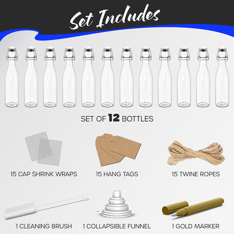  12 oz Round Swing Top Glass Bottles (Pack of 12) | Includes Funnel, Brush and Marker