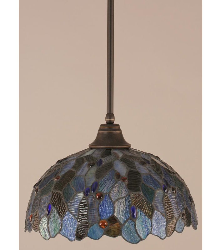 Stem Hung Pendant With Glass, Dark Granite, 14.75", Blue Mosaic Tiffany Glass