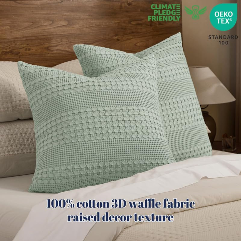 PHF Waffle Weave Pillow Covers , 2 Pack 100% Cotton Square Pillow Shell for Bedding Decor, No Insert, Mint Green, 24x24"