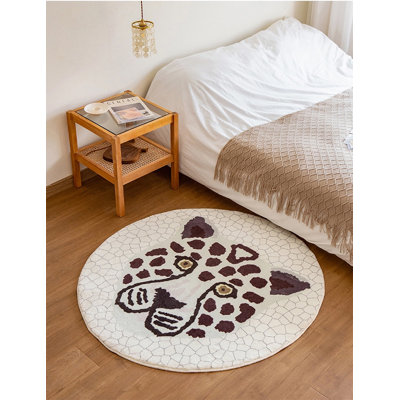 Tapis polaire antidérapant brun à motif animal léopard rond 32 po