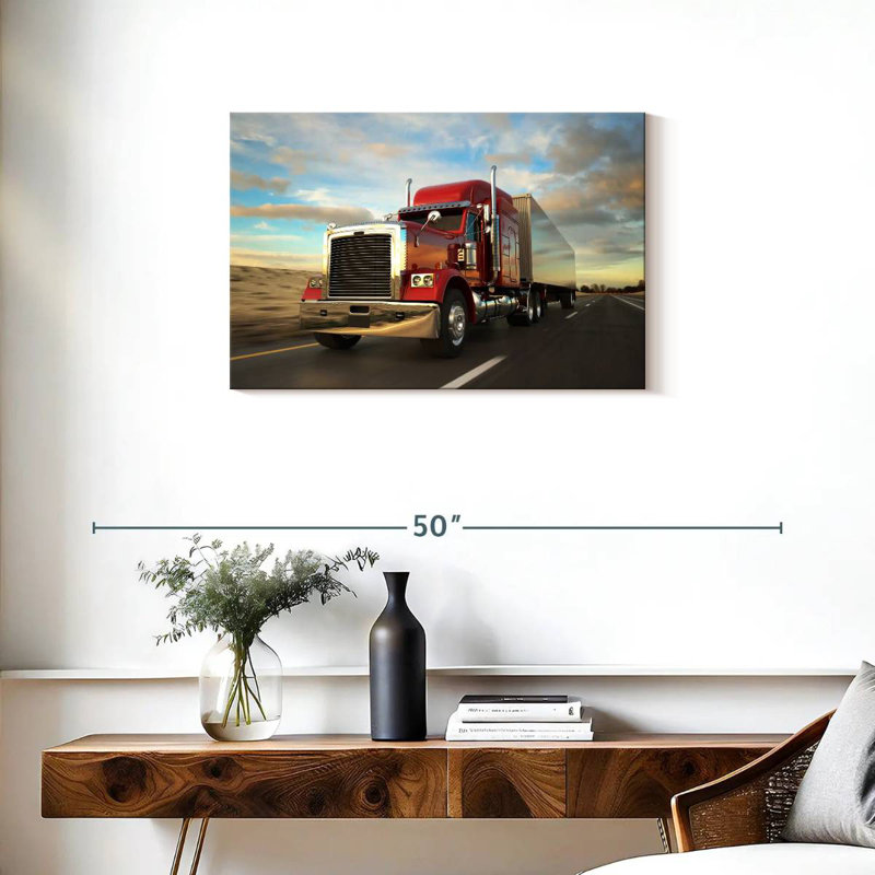 Camion de cargaison rouge Mehar au coucher du soleil, H 20 po x l 30 po