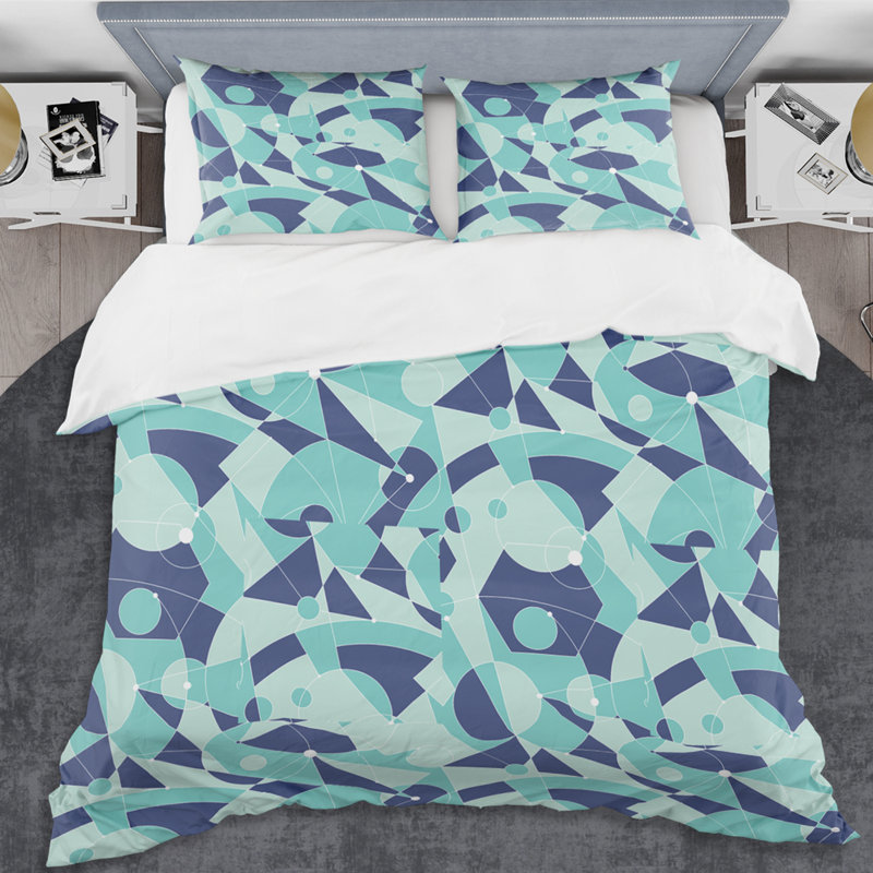 Ensemble de housse de couette Mid-Century Retro Grid IV, Housse simple et 1 taie décorative, Bleu