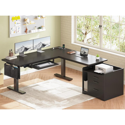 L Shaped Electric Standing Desk With File Cabinet