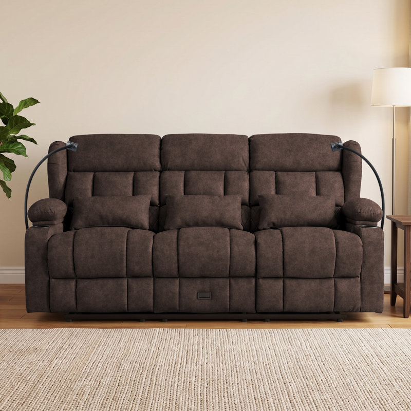 Sofa 3 places inclinable manuel, canapé inclinable avec rangement dissimulé, porte-gobelets et supports pour téléphone, fauteuil de cinéma maison avec tiroir
