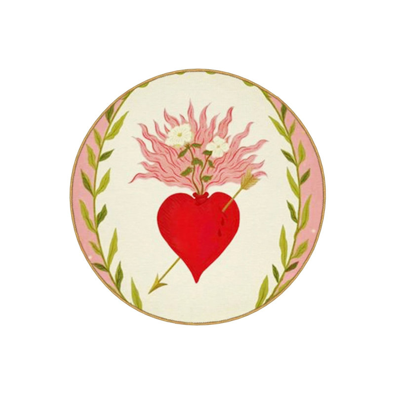 Light Tone Heart And Flower Patterned Round Woven Base Modern Decorative Carpet, Round 2'8"