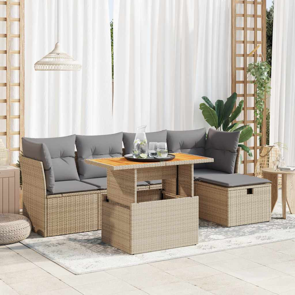 Vidaxl 6-Tlg. Garten-Sofagarnitur Mit Kissen Beige Poly Rattan Akazie