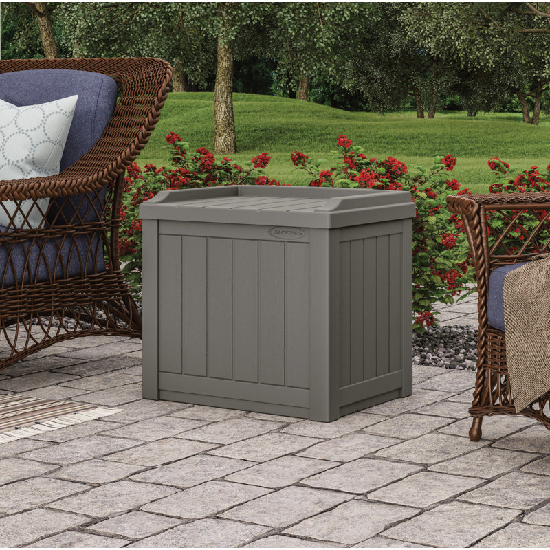 Suncast 22 Gallon Water Resistant Deck Box with Storage Seat, Stoney, 1