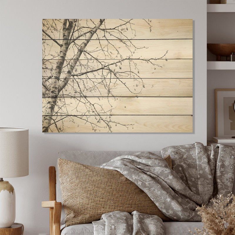 Grey Minimalism Tree Birch - Tree Birch Wood Art On Natural Pine Wood, 30" H x 40" W