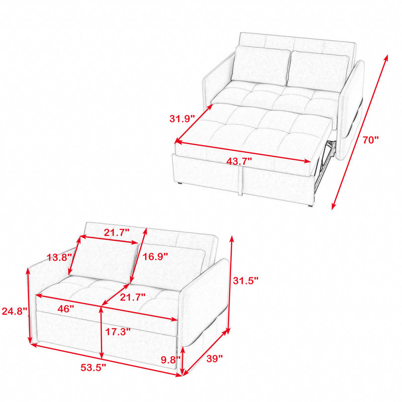 Aerabella Upholstered Pull-out Sofa Bed, Sleeper, Loveseat Couch with Adjustable Armrests, Yellow Chenille