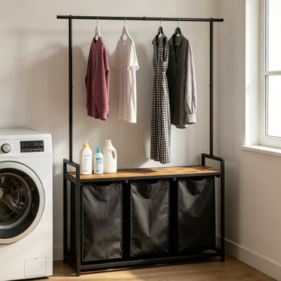 3 Bin Laundry Room Organizer, Freestanding Laundry Hamper with Hanging Rod, Removable Washable Oxford Bags & Storage Top for Home