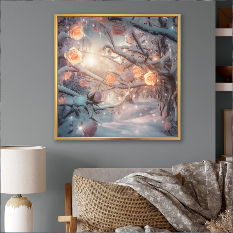 «Peach Enchanted Roses I», reproduction sur toile, H 36 po x l 36 po x P 1,5 po, Cadre flottant doré