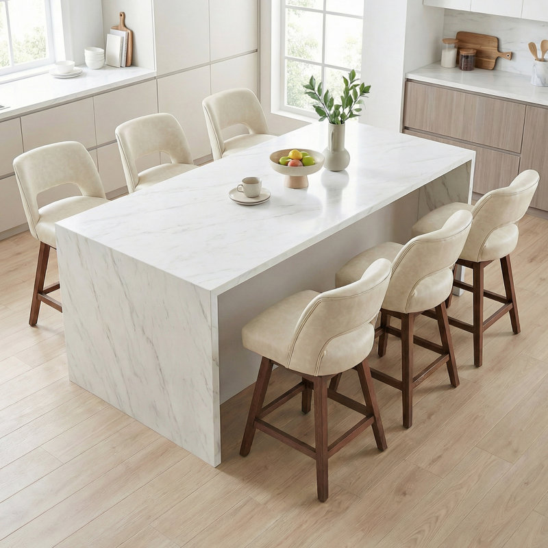 Tabouret de bar pivotant en similicuir avec structure en bois massif (ensemble de 6), Beige / similicuir, 6, Noyer foncé
