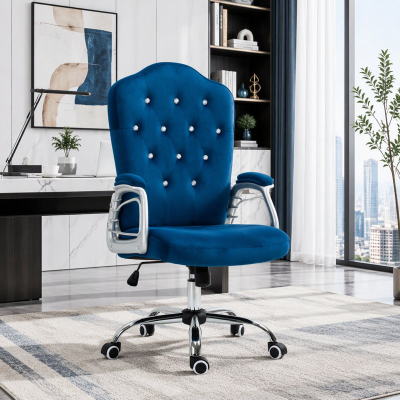 Fauteuil de bureau en velours capitonné, polyester, Blue, Blue