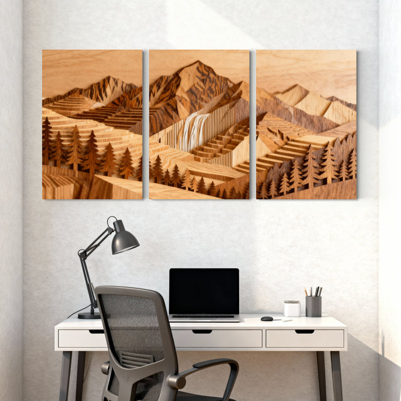 Paysage et nature, paysage de montagne avec arbres et cascade, ensemble de 3 impressions sur toile, 18" H x 36" W