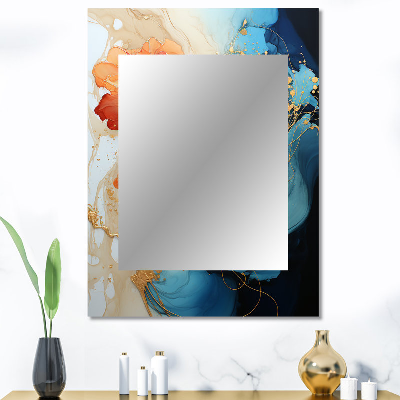 Fractale abstraite orange sarcelle - miroir décoratif de fractales, miroir mural moderne, impression d'art en métal