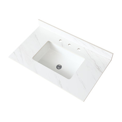 Dessus de meuble-lavabo de salle de bain 37 po - Pierre frittée blanche avec dosseret de 4 po de hauteur, lavabo rectangulaire, trou de robinet pré-percé, robinet à encastrer et encastré élégant