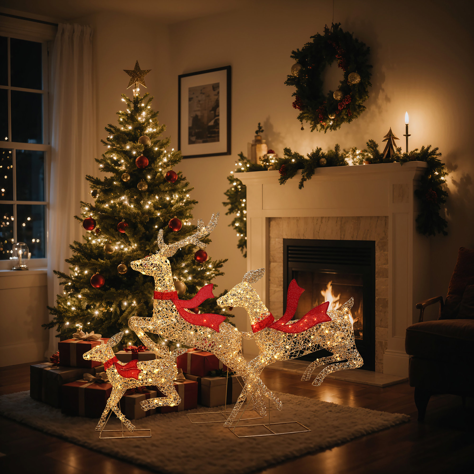 Natural and Rattan Running Reindeer Holiday Decoration Set with Lights, Gold/Red, 54.33in H x 37.6in W x 10.43in D