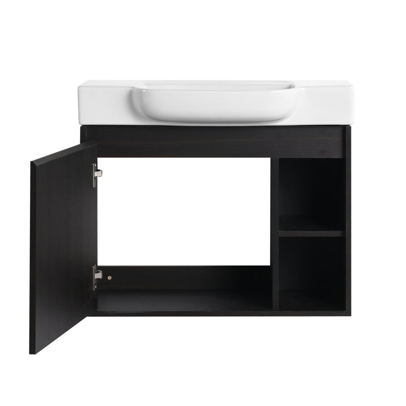Meuble-lavabo mural 28 po avec lavabo en céramique blanche et porte à fermeture en douceur, emballage KD, chêne foncé