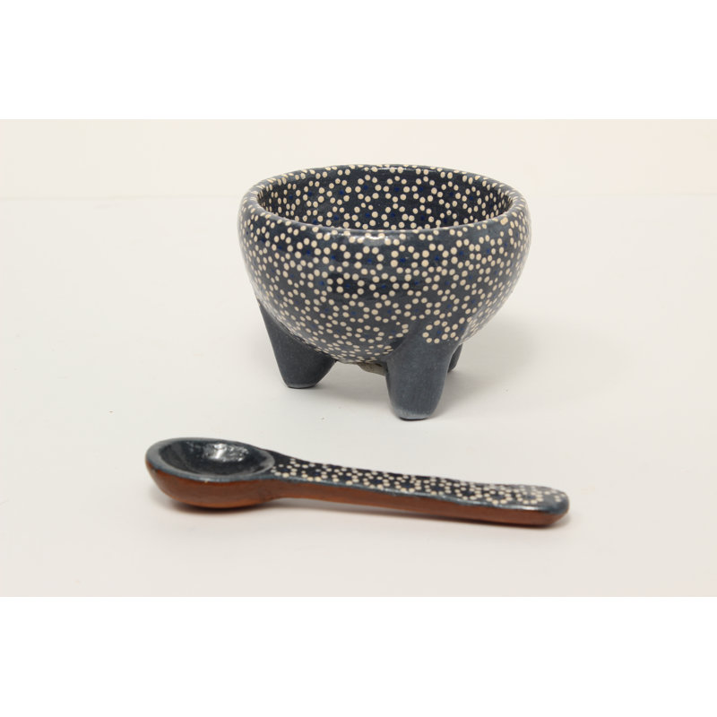 6oz Plomo Ceramic Salsa Bowl W/ Spoon, White/Gray, 4"