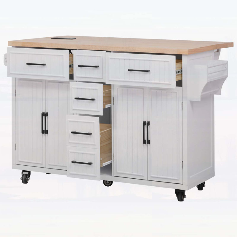 Rolling Kitchen Island with Drop Leaf,Power Outlet,and Ample Storage,for Kitchen,Dining Room, White
