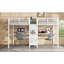 Lit mezzanine simple au-dessus d'un lit simple en métal avec bureau double, armoire et tablettes avec prise électrique pour économiser de l'espace et réduire le bruit