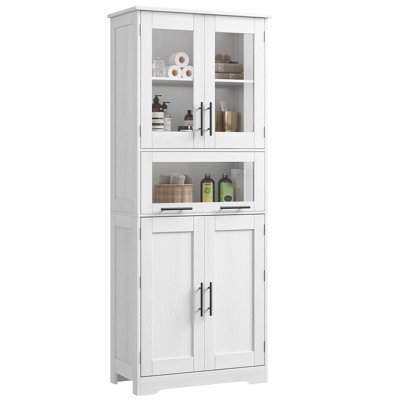 67" Tall Double Row Storage Cabinet – Pantry Organizer, Glass Doors, 5 Adjustable Shelves, Drawer – Modern Linen Cupboard for Bathroom, Kitchen, Living Room – American White Oak, Double Row