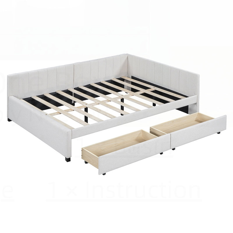Upholstered Daybed with 2 Storage Drawers, Linen Fabric Sofa Bed Frame, No Box Spring Needed, Durable and Stylish, Beige