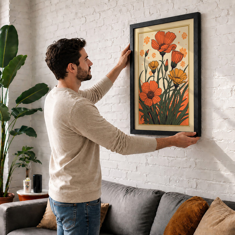 Orange and Yellow Blooms Botanical - Framed Print, A2 - 59.4 x 42.0 cm, Oak
