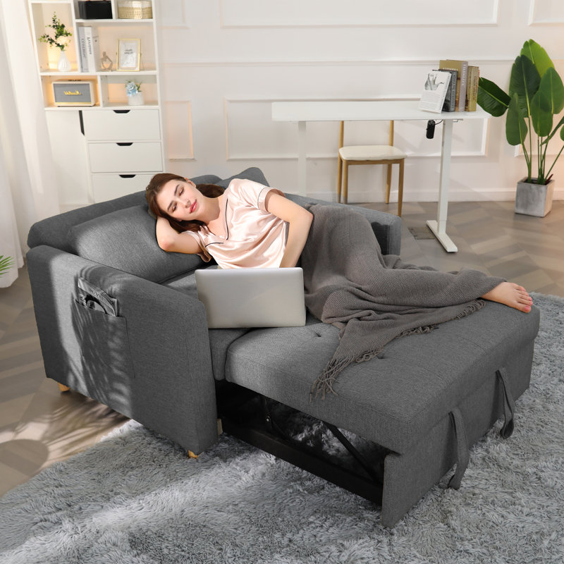 48.8" Wide Upholstered Reclining Sleeper Sofa, Dark Gray
