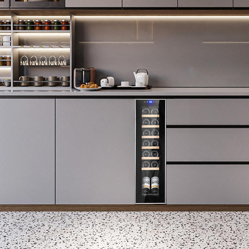 Grande armoire à vin autoportante pour 14 bouteilles, contrôle numérique de la température 41-64 ° F, tablettes réglables en bois, porte vitrée à double vitrage pour bar à la maison, noir