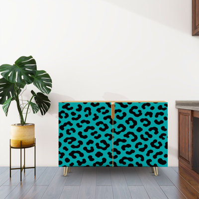 Sideboard Buffet Cabinet with Storage Black Leopard Print Turquoise with 2 Doors for Living Room and Kitchen