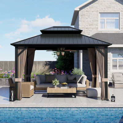 Oasisphere 10'X12' Hardtop Gazebo, Double-Layer Galvanized Steel Roof Gazebo, All-Season Aluminum Frame Pavilion With Privacy Curtain And Netting For Patio, Garden, Hot Tub & Backyard