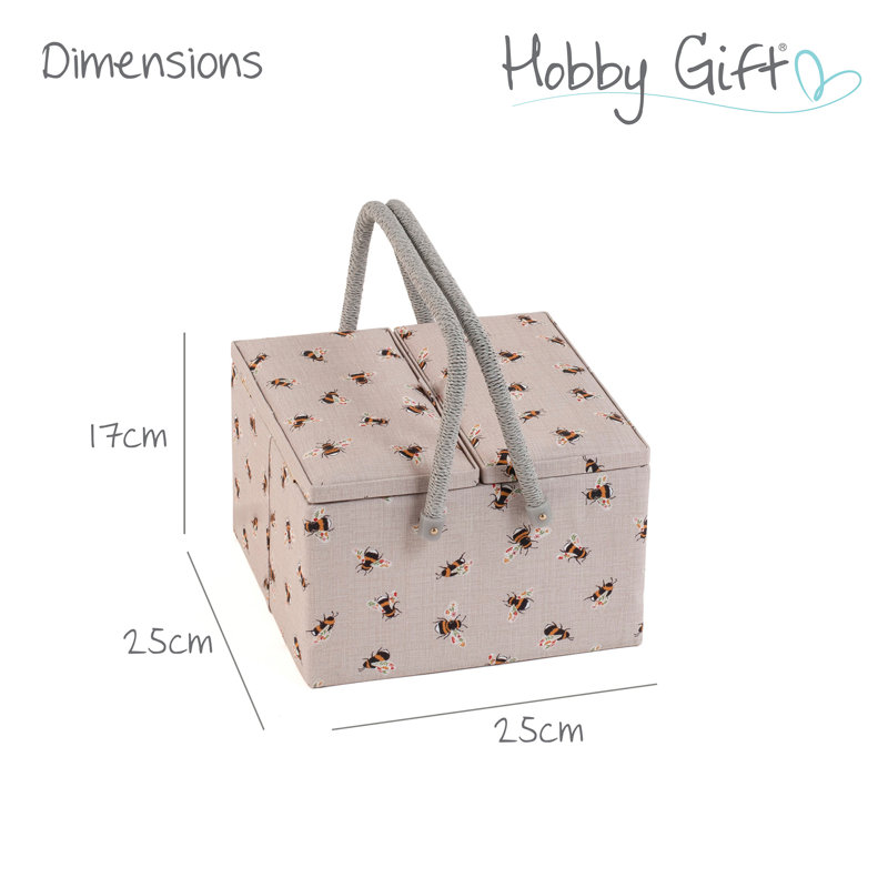 Hobby Gift Twin Lid Sewing Basket with Accessories Tray, 25 x 25 x 17cm, Bee Print