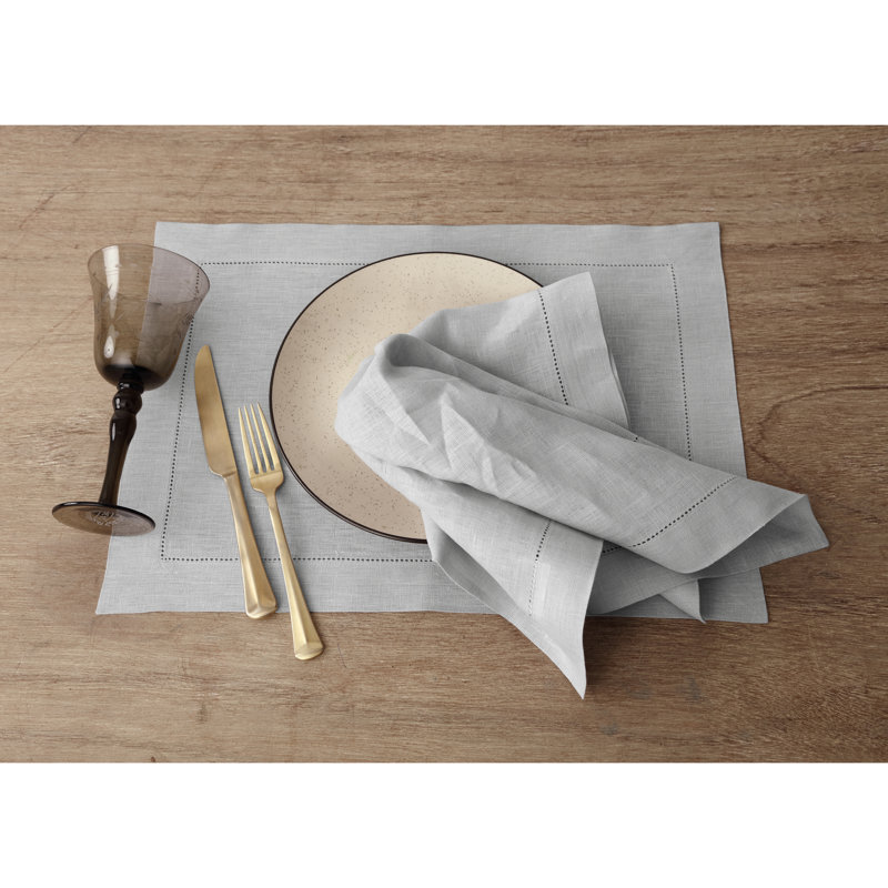 100% Pure Linen Hemstitch Dinner Napkins - Classic Hemstitch, Soft Grey