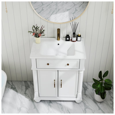27.8" Mid-Century White Bathroom Vanity Sink with Roman Column Basin Detail