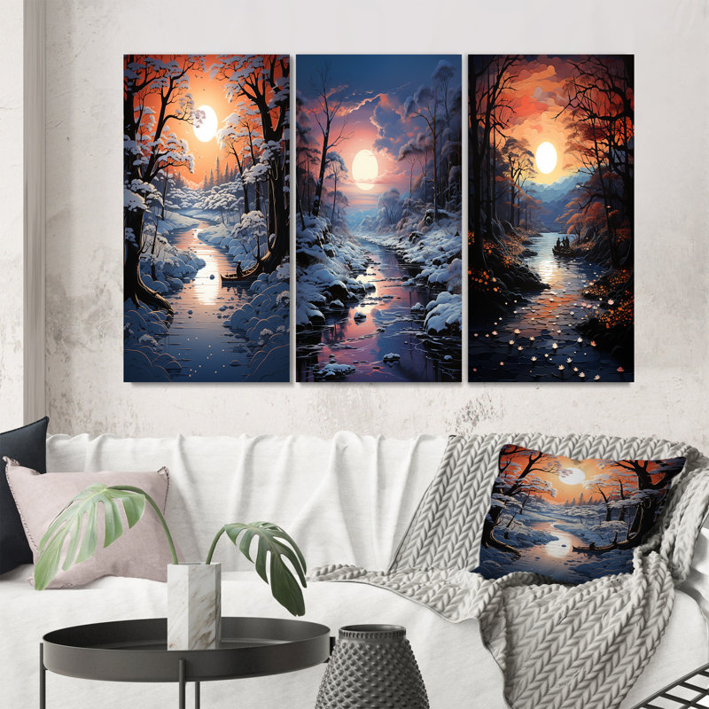 «Winters River Papercut», 3 pièces sur toile, Cadre blanc, H 28 po x l 36 po