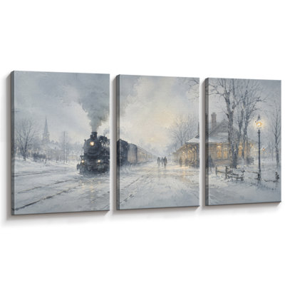 Winter Steam Train Snowy Landscape Artwork, Living Room Pictures,  Giclee Print 3 Pieces Wall Art - 16"x24"x3pcs