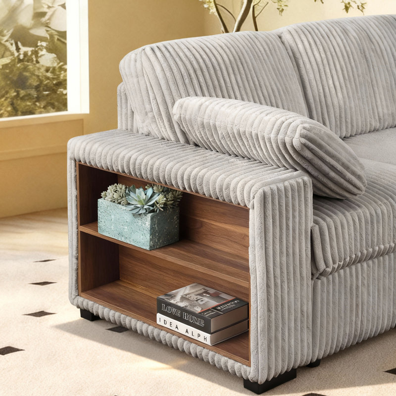 117" Modular Sectional Sofa With Storage Chaise, Pull-Out Bed, And Bookcase –  Corduroy Upholstery, Light Gray Corduroy