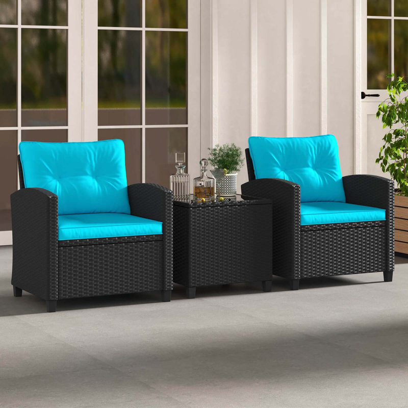 3 Pcs Patio Furniture Set With Tempered Glass Coffee Table Washable Cushions, Turquoise