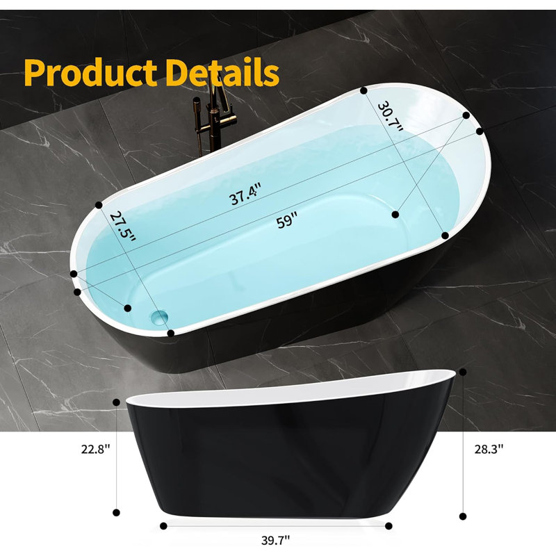 Baignoire profonde autoportante en acrylique avec drain chromé, baignoire ergonomique pour la salle de bain