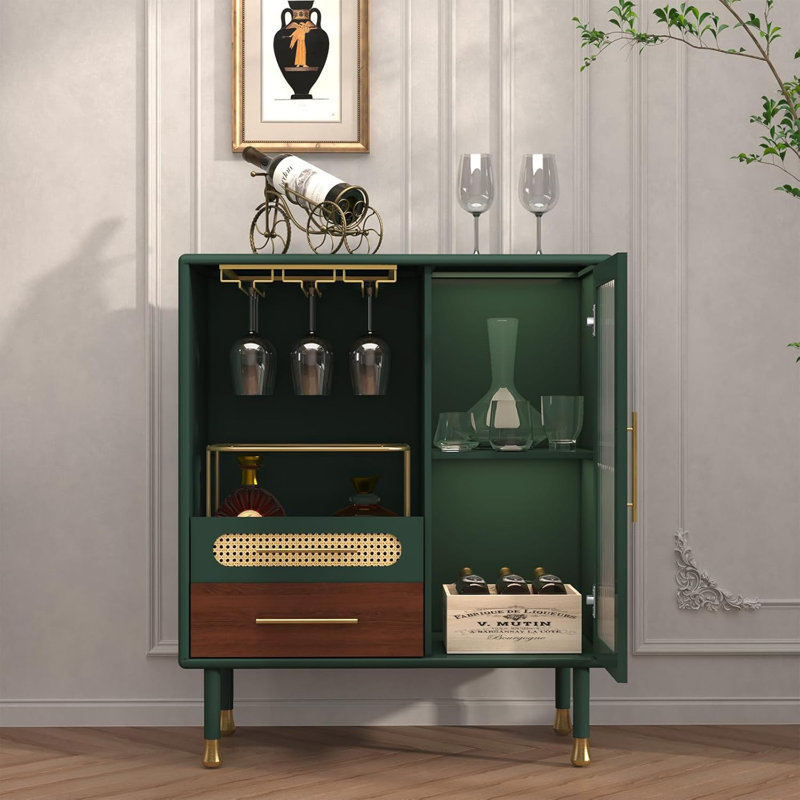 Modern Green Coffee Bar Cabinet with Wine Glass Rack Drawers & Pull-Out Wine Storage Organizer
