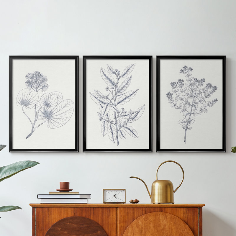 Indigo Botany Study IV - Toile tendue avec châssis sur mesure - 3 pièces, Noir, H 30 po x l 63 po
