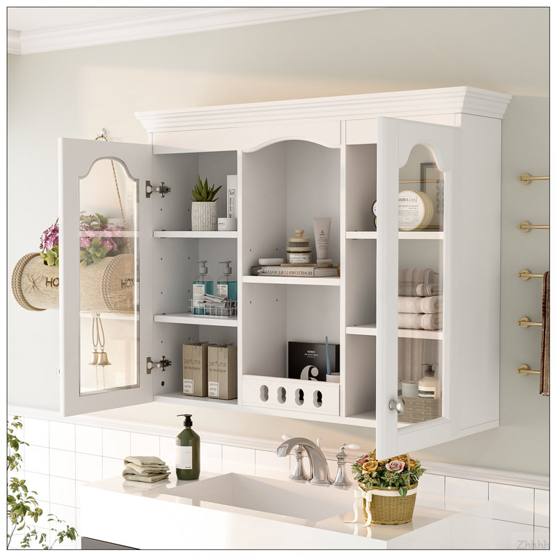 Armoire à pharmacie murale, armoire de salle de bain murale avec 2 portes en verre, armoire de rangement encastrée au-dessus de la toilette avec rangement, blanc