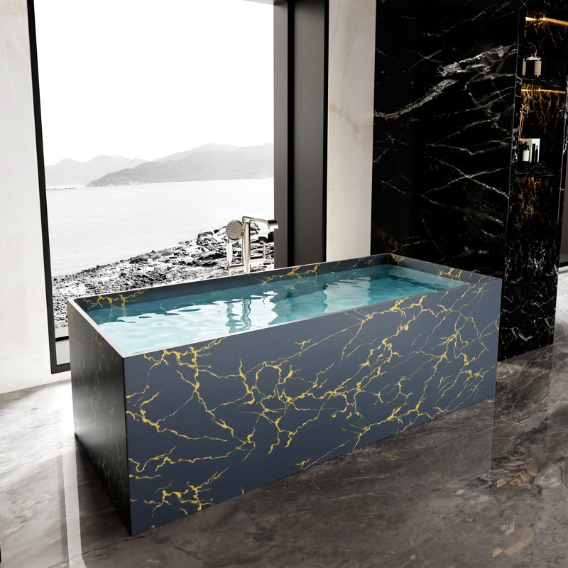 CASAINC 67"x 28" Rectangle Freestanding Solid Surface Soaking Bathtub with Marble Look