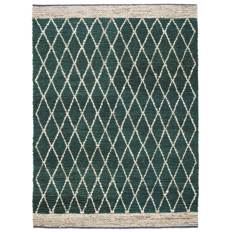 Tapis vert foncé en jute / coton tissé à la main Kedron, Rectangle 8 pi x 10 pi