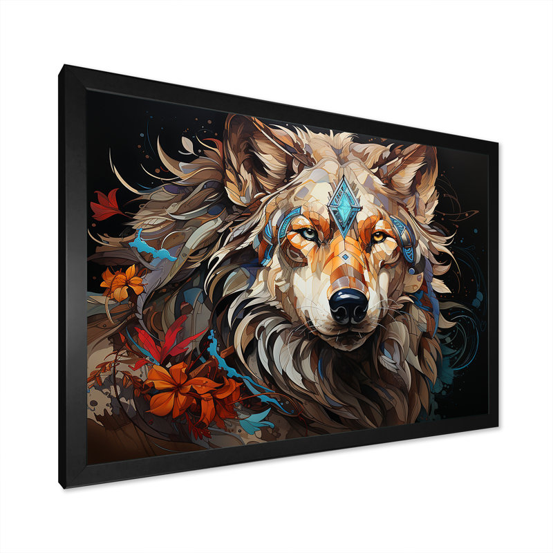 Loup natif de Lakota sur toile, Cadre simple noir, H 34 po x l 44 po x P 1,5 po
