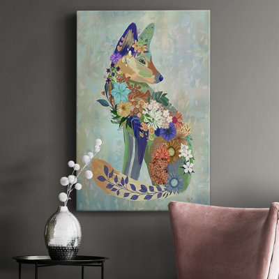 Fantastic Florals Fox, assis sur toile tendue avec châssis de qualité supérieure - prêt à être accroché