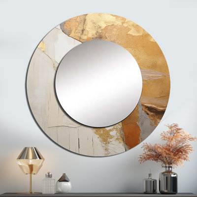 «Segio Abstract Beige Gold Road Collage V» - miroir mural abstrait, miroir décoratif rond beige, impression d'art en métal
